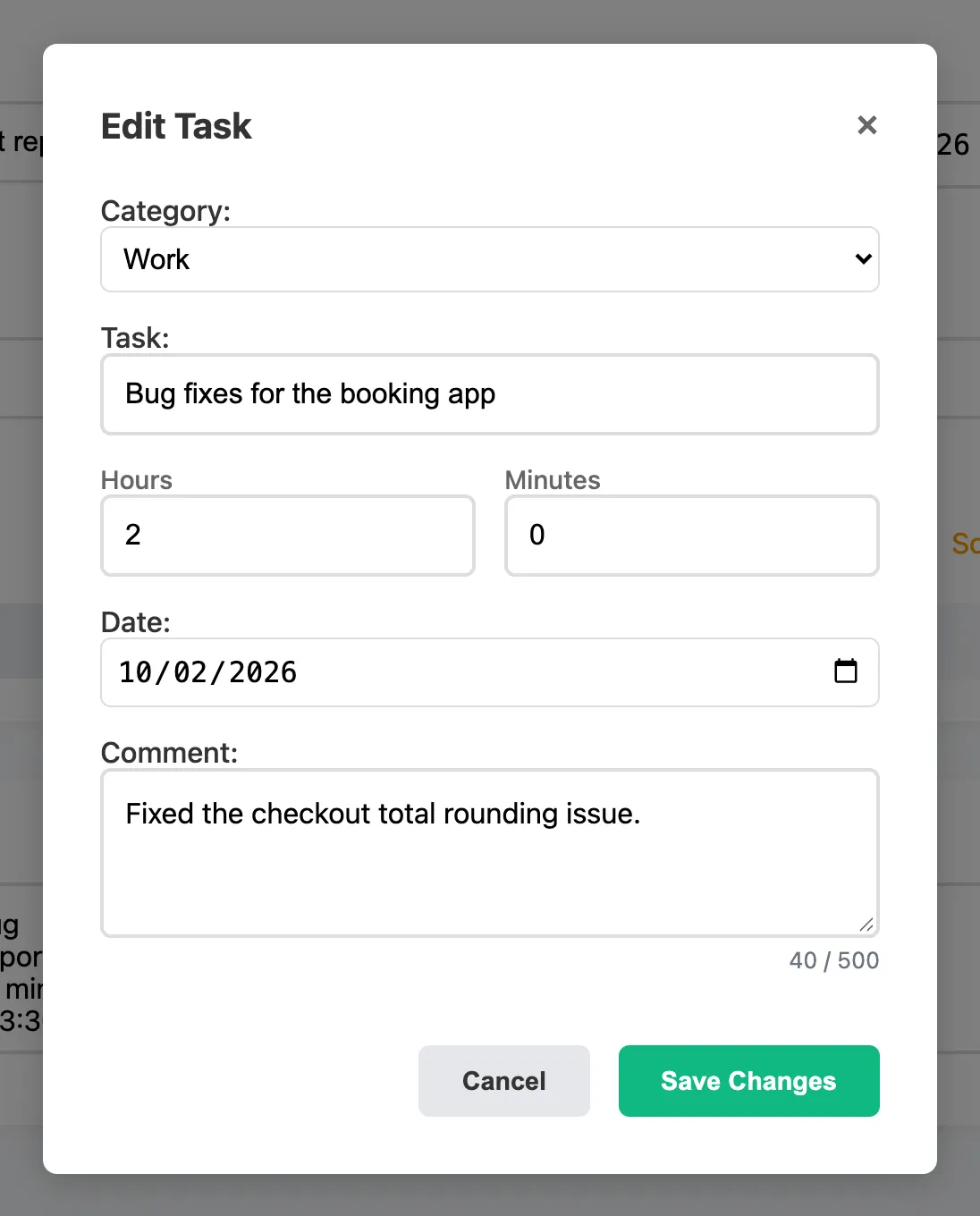 The Edit Task dialog with fields for category, task, hours, minutes, date and comment