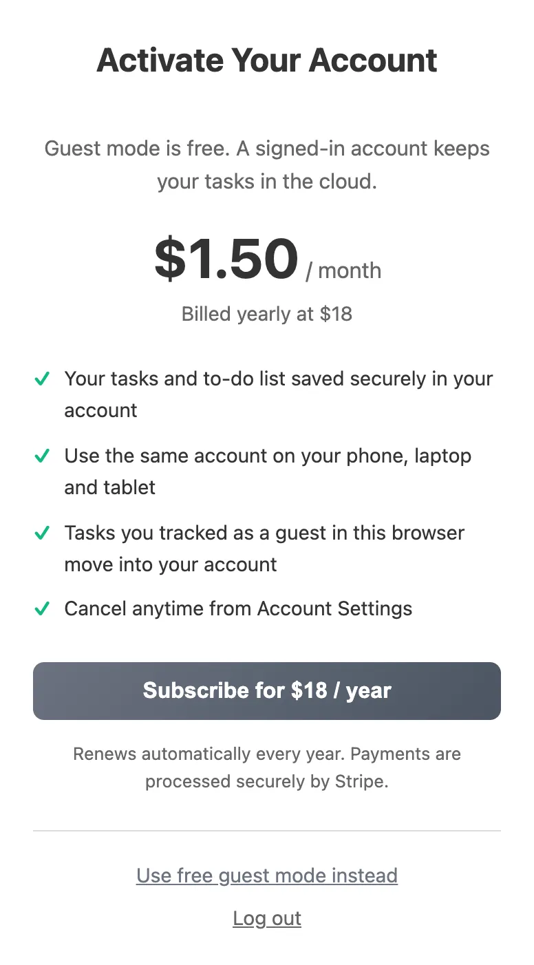 The IAM Rate account plan card showing $1.50 per month billed yearly at $18 with its feature list